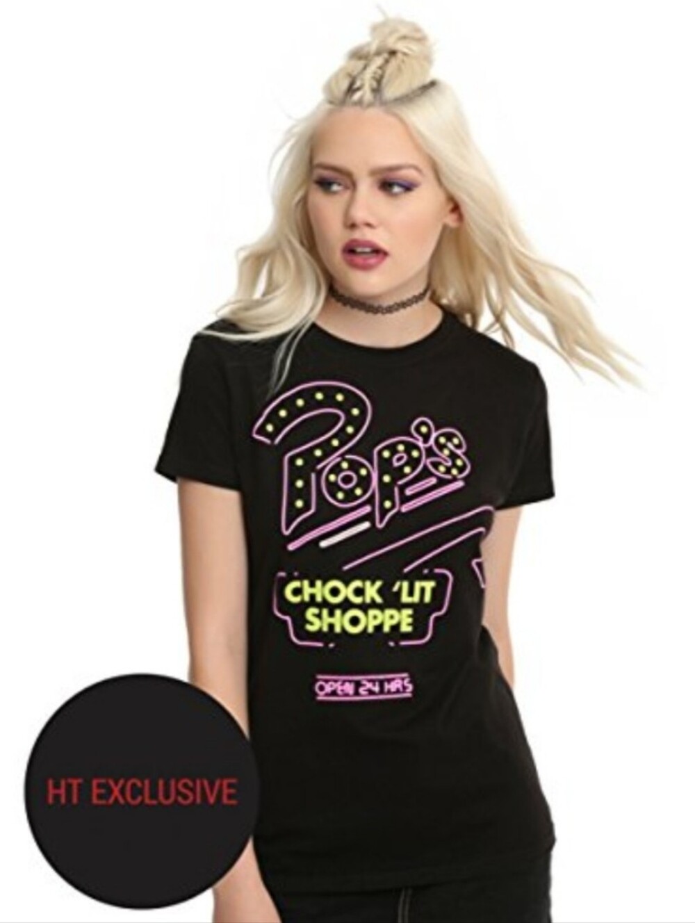 Riverdale Black Graphic Tee with Pink and Yellow Neon 'Pops Chock Lit Shoppe'